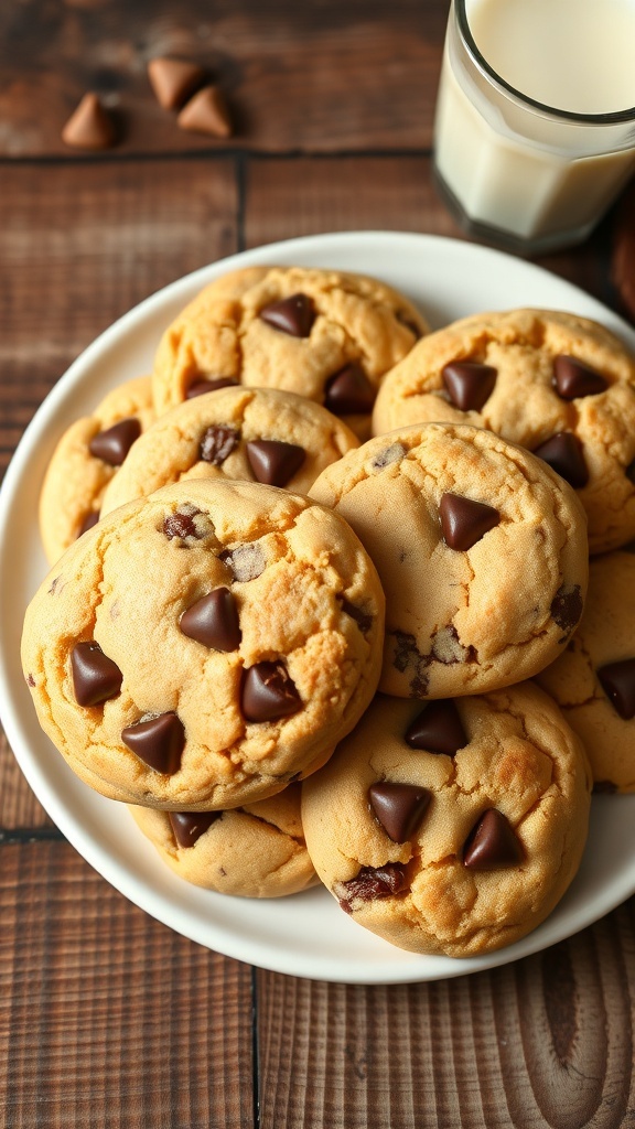 A plate of golden brown chocolate chip cookies made with almond flour and sugar substitutes, next to a glass of almond milk.